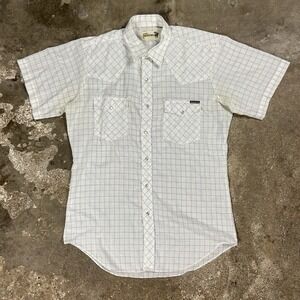 Vintage 70s‎ Genuine Roebucks Pearl Snap Size Medium White Check Pattern Western